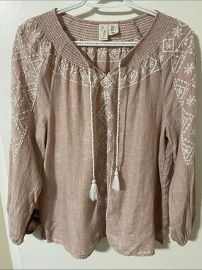 Joie Blush Pink Linen Blend Embroidered Peasant Top Size Large